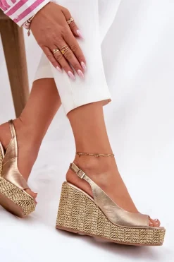 Hot Skórzane Sandały Damskie Na Koturnie Z Plecionką 2789 Złote Damskie Sandały Na Koturnie
