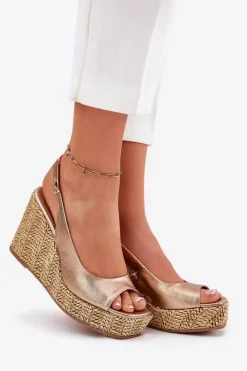 Hot Skórzane Sandały Damskie Na Koturnie Z Plecionką 2789 Złote Damskie Sandały Na Koturnie