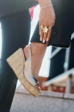 Hot Skórzane Sandały Damskie Na Koturnie Z Plecionką 2789 Złote Damskie Sandały Na Koturnie