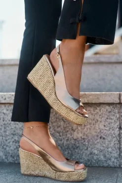 Hot Skórzane Sandały Damskie Na Koturnie Z Plecionką 2789 Złote Damskie Sandały Na Koturnie