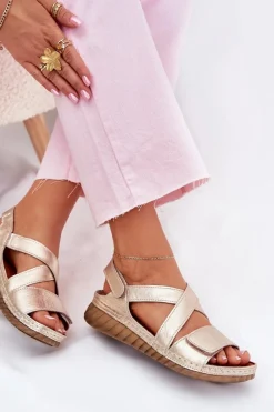 Clearance Skórzane Sandały Damskie Na Rzep L6848-25 Złote Damskie Sandały Na Koturnie|Sandały Płaskie