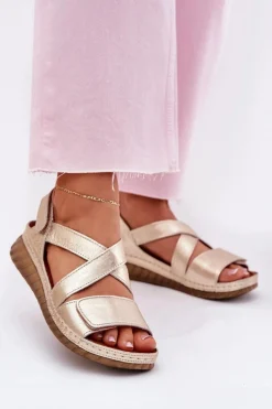 Clearance Skórzane Sandały Damskie Na Rzep L6848-25 Złote Damskie Sandały Na Koturnie|Sandały Płaskie