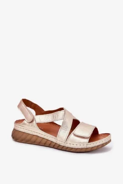 Clearance Skórzane Sandały Damskie Na Rzep L6848-25 Złote Damskie Sandały Na Koturnie|Sandały Płaskie