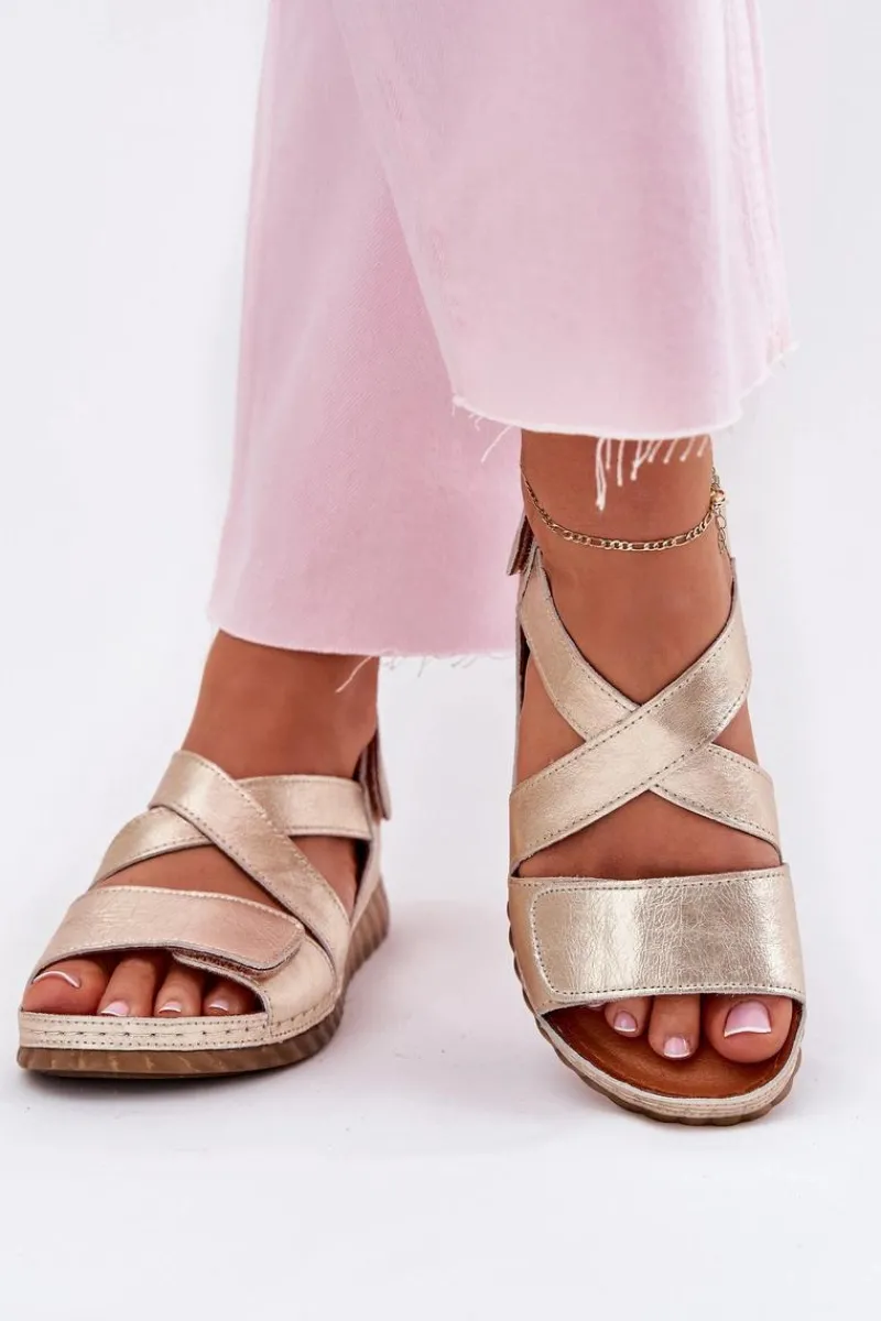 Clearance Skórzane Sandały Damskie Na Rzep L6848-25 Złote Damskie Sandały Na Koturnie|Sandały Płaskie