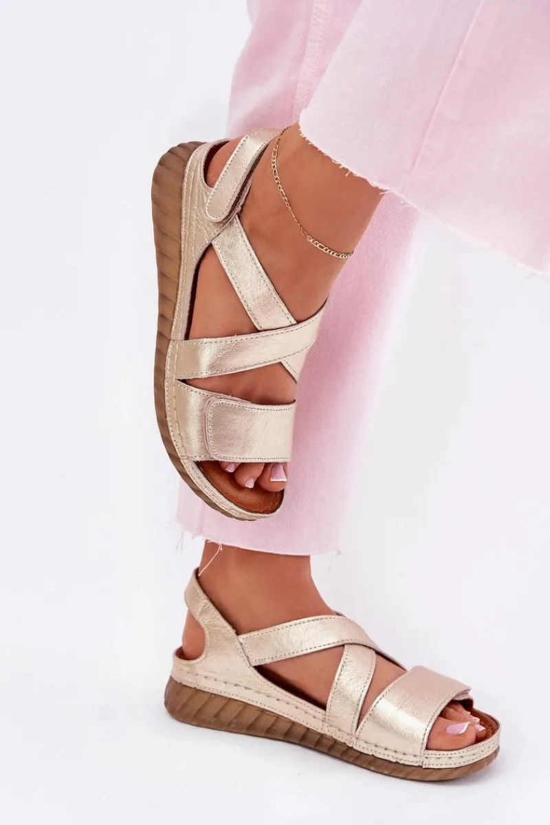 Clearance Skórzane Sandały Damskie Na Rzep L6848-25 Złote Damskie Sandały Na Koturnie|Sandały Płaskie