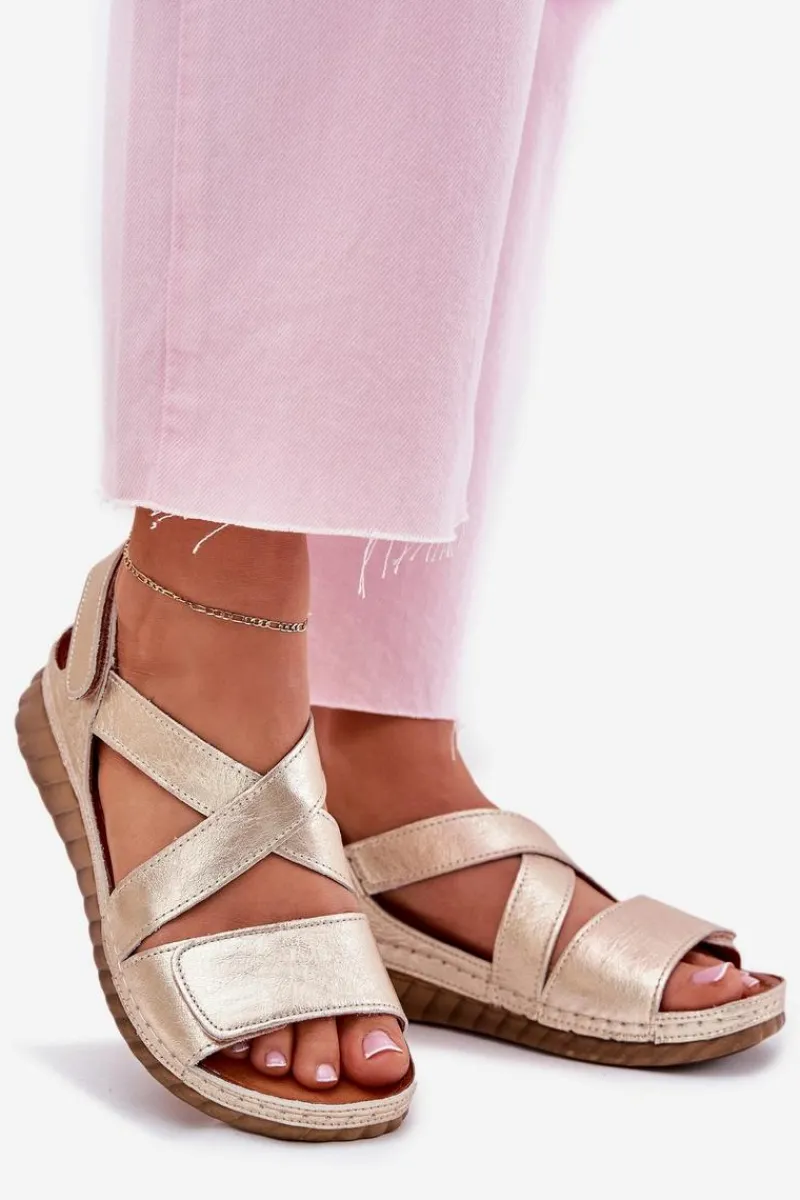 Clearance Skórzane Sandały Damskie Na Rzep L6848-25 Złote Damskie Sandały Na Koturnie|Sandały Płaskie