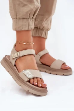 Sandały Płaskie>Zazoo Skórzane Sandały Damskie Na Platformie 40443 Beżowe Beżowy