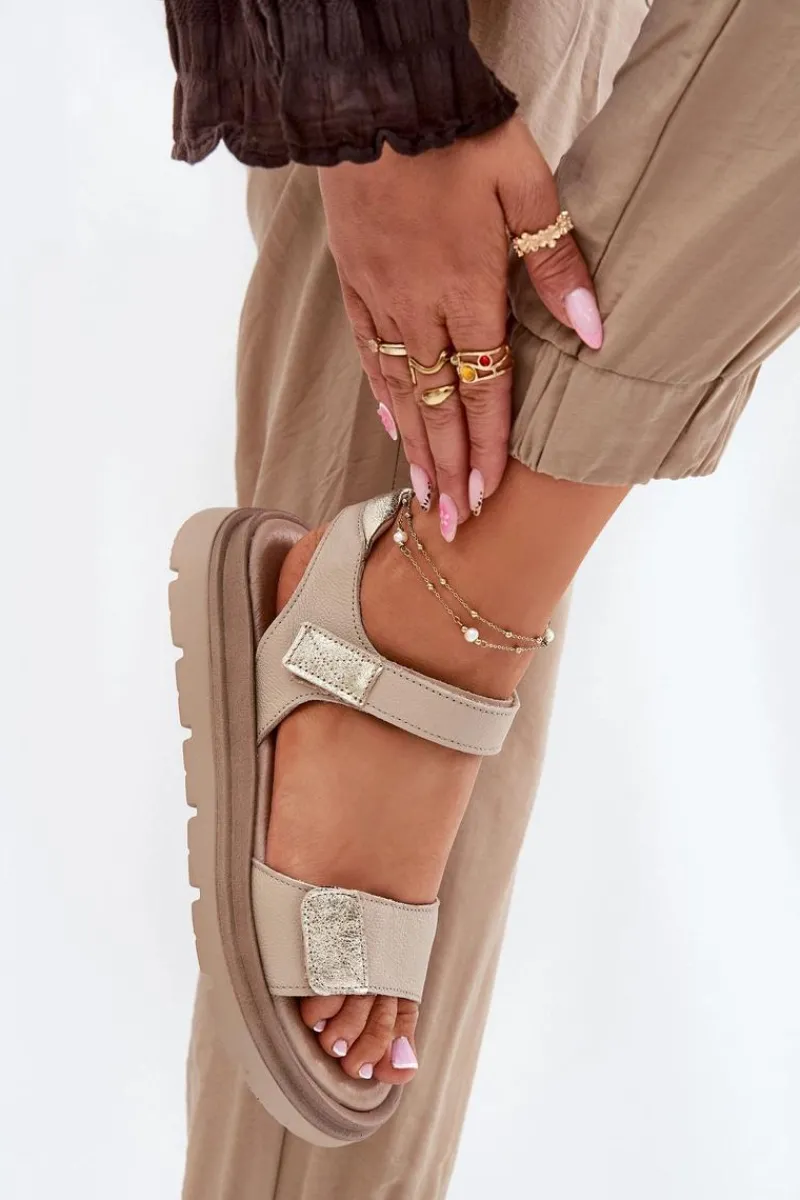 Sandały Płaskie>Zazoo Skórzane Sandały Damskie Na Platformie 40443 Beżowe Beżowy