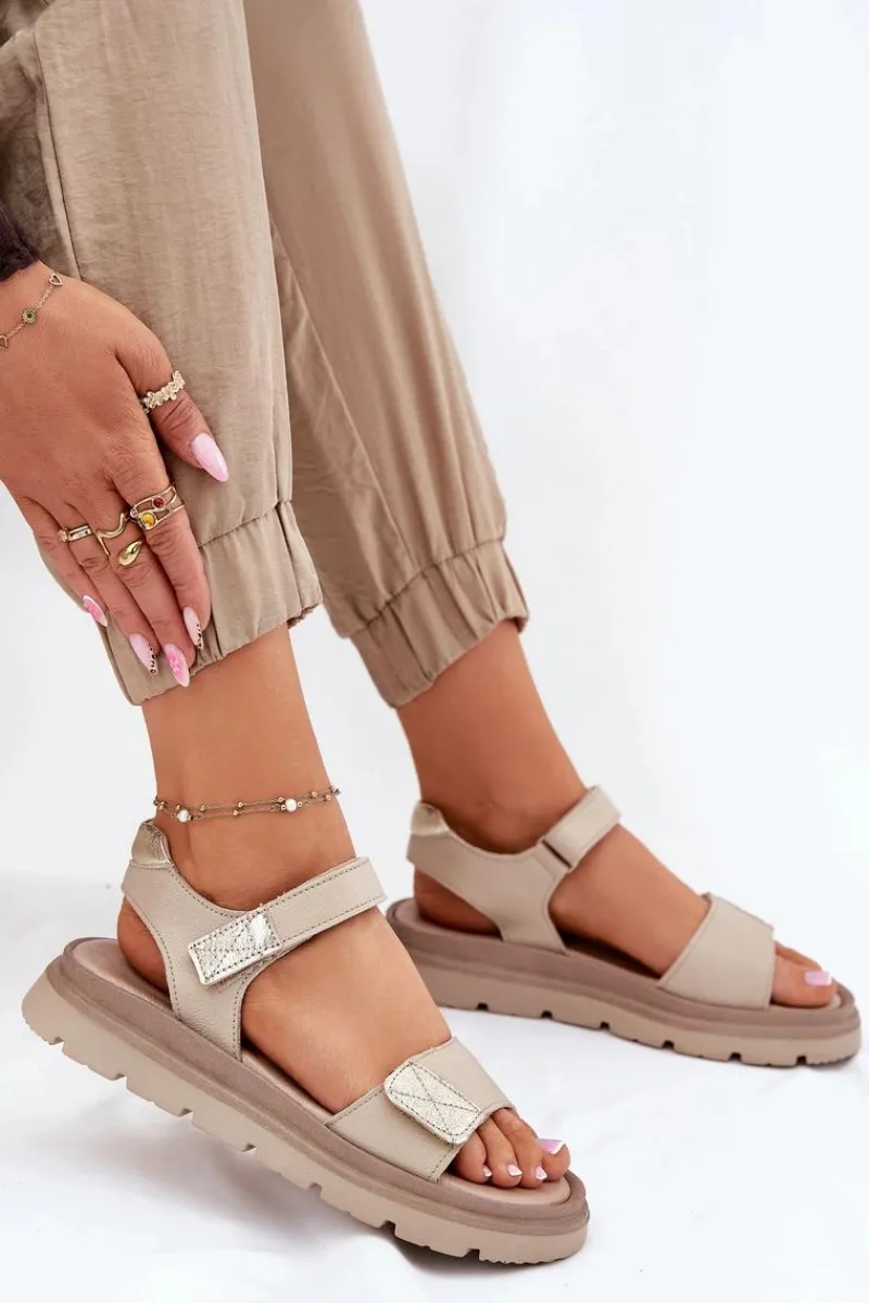 Sandały Płaskie>Zazoo Skórzane Sandały Damskie Na Platformie 40443 Beżowe Beżowy