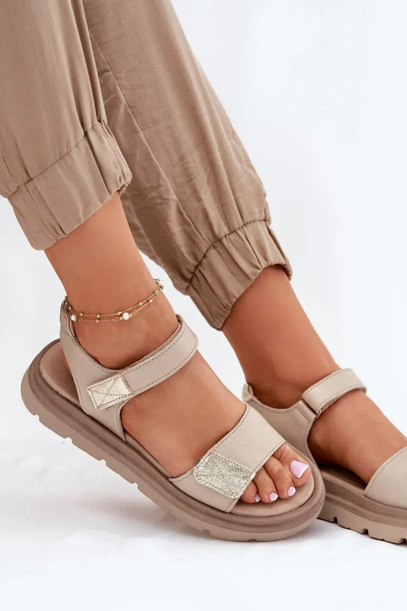 Sandały Płaskie>Zazoo Skórzane Sandały Damskie Na Platformie 40443 Beżowe Beżowy