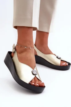 Hot Damskie buty S.Barski Skórzane Sandały Damskie Na Koturnie I Platformie S.Barski KV51-020 Złote Złoty