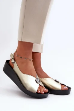 Hot Damskie buty S.Barski Skórzane Sandały Damskie Na Koturnie I Platformie S.Barski KV51-020 Złote Złoty