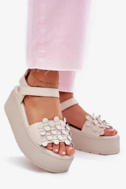 Outlet CheBello Skórzane Sandały Damskie Na Platformie 4701 Beżowe