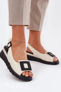 Discount Artiker Skórzane Sandały Damskie Na Koturnie z Ozdobą 56C1570 Beżowe Beżowy