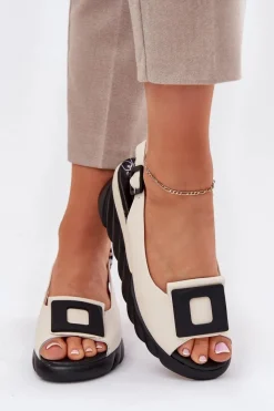 Discount Artiker Skórzane Sandały Damskie Na Koturnie z Ozdobą 56C1570 Beżowe Beżowy