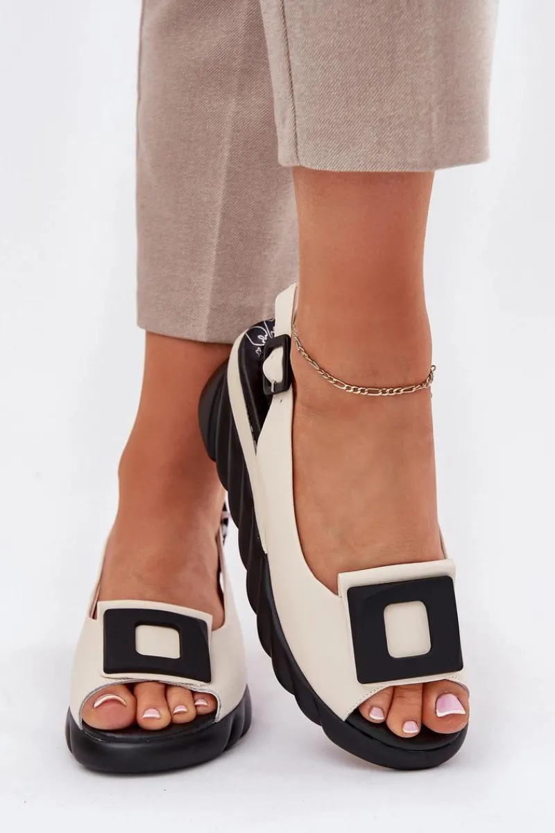 Discount Artiker Skórzane Sandały Damskie Na Koturnie z Ozdobą 56C1570 Beżowe Beżowy