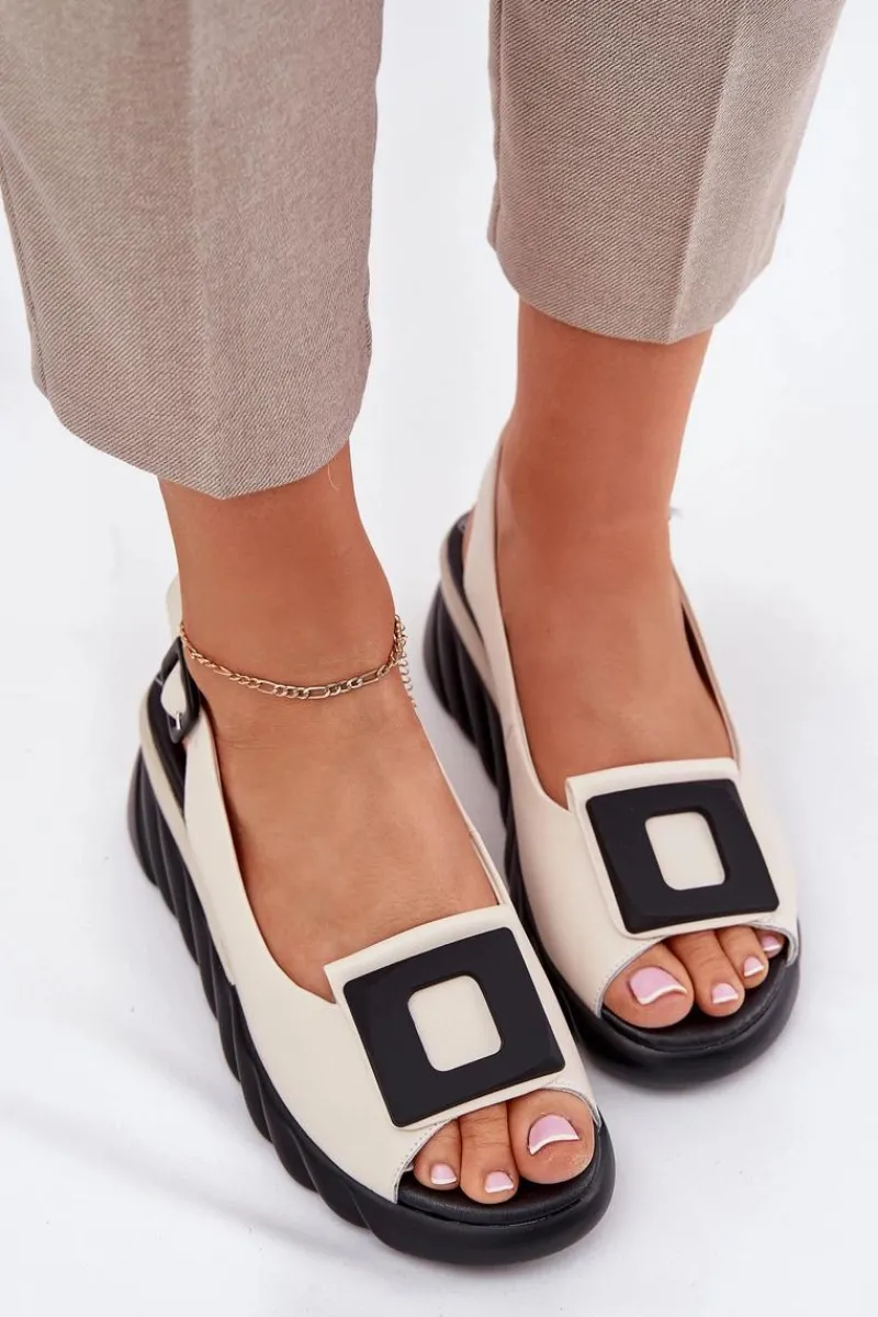 Discount Artiker Skórzane Sandały Damskie Na Koturnie z Ozdobą 56C1570 Beżowe Beżowy