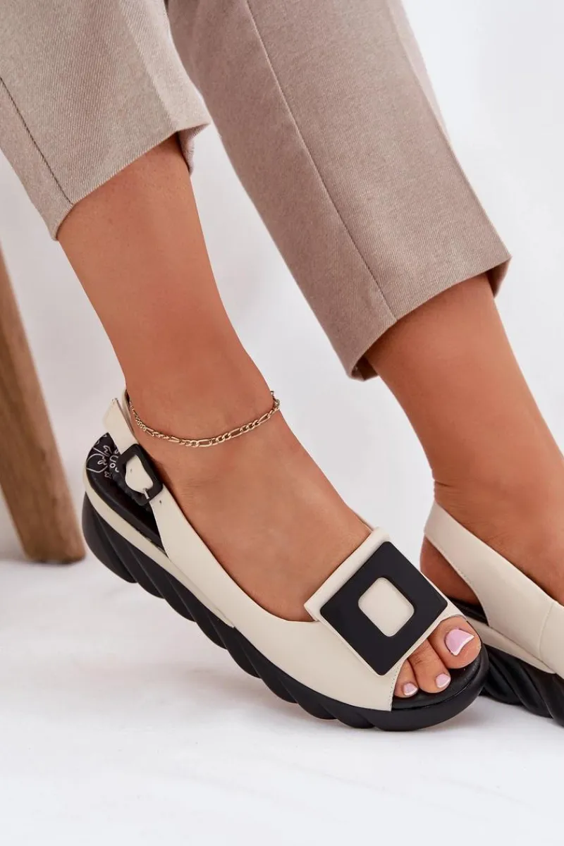 Discount Artiker Skórzane Sandały Damskie Na Koturnie z Ozdobą 56C1570 Beżowe Beżowy