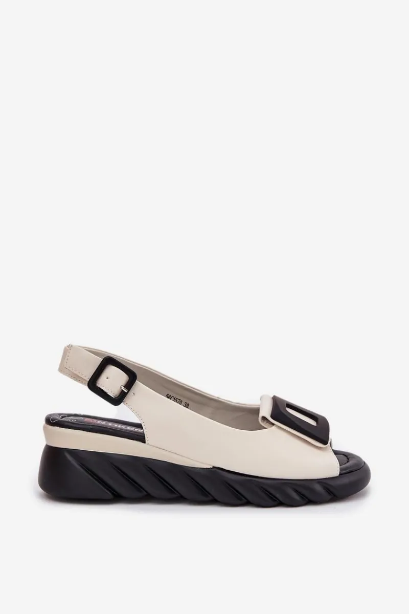 Discount Artiker Skórzane Sandały Damskie Na Koturnie z Ozdobą 56C1570 Beżowe Beżowy