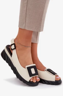 Discount Artiker Skórzane Sandały Damskie Na Koturnie z Ozdobą 56C1570 Beżowe Beżowy