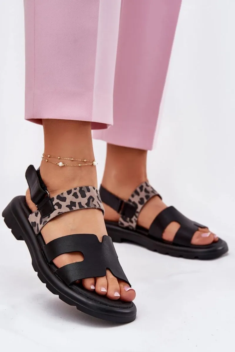 Clearance Buty damskie Vinceza Skórzane Sandały Damskie Na Płaskim Obcasie Panterka Vinceza 66780 Czarne Czarny