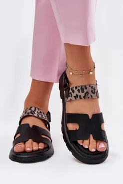 Clearance Buty damskie Vinceza Skórzane Sandały Damskie Na Płaskim Obcasie Panterka Vinceza 66780 Czarne Czarny