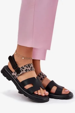 Clearance Buty damskie Vinceza Skórzane Sandały Damskie Na Płaskim Obcasie Panterka Vinceza 66780 Czarne Czarny