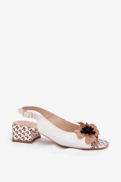 Laura Messi Skórzane Sandały Damskie Na Klocku Z Ozdobnym Kwiatem 2973 Białe Biały