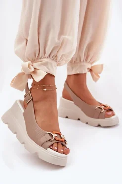 Discount Artiker Skórzane Sandały Damskie Na Koturnie I Platformie Z Ozdobą 56C2208 Ciemnobeżowe