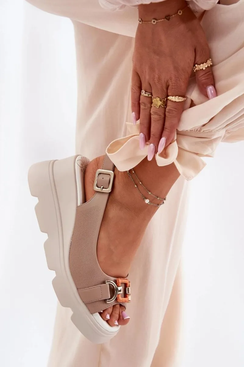 Discount Artiker Skórzane Sandały Damskie Na Koturnie I Platformie Z Ozdobą 56C2208 Ciemnobeżowe