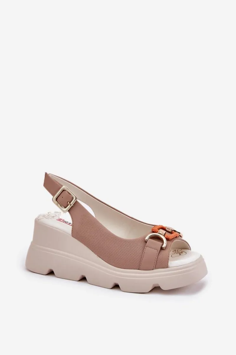 Discount Artiker Skórzane Sandały Damskie Na Koturnie I Platformie Z Ozdobą 56C2208 Ciemnobeżowe