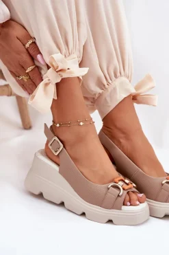 Discount Artiker Skórzane Sandały Damskie Na Koturnie I Platformie Z Ozdobą 56C2208 Ciemnobeżowe