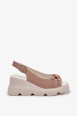 Discount Artiker Skórzane Sandały Damskie Na Koturnie I Platformie Z Ozdobą 56C2208 Ciemnobeżowe