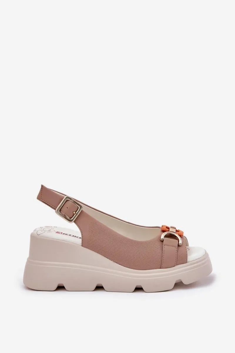 Discount Artiker Skórzane Sandały Damskie Na Koturnie I Platformie Z Ozdobą 56C2208 Ciemnobeżowe