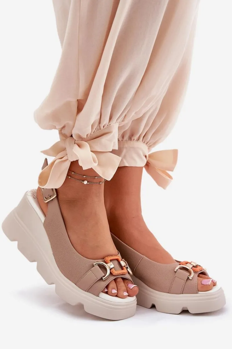 Discount Artiker Skórzane Sandały Damskie Na Koturnie I Platformie Z Ozdobą 56C2208 Ciemnobeżowe