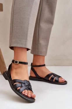 Best Skórzane Sandały Damskie Na Płaskim Obcasie Zazoo 3688 Czarne Damskie Sandały Płaskie
