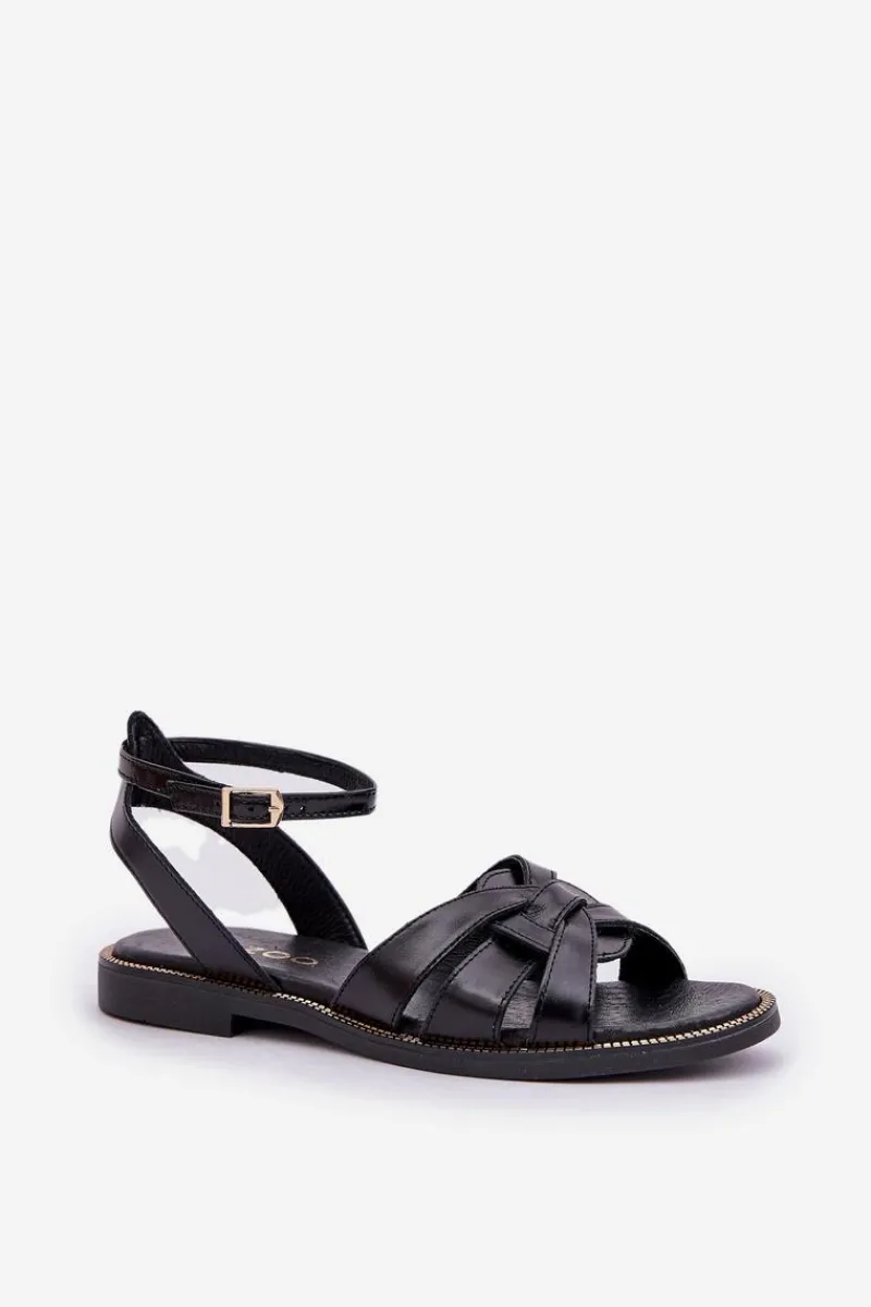 Best Skórzane Sandały Damskie Na Płaskim Obcasie Zazoo 3688 Czarne Damskie Sandały Płaskie