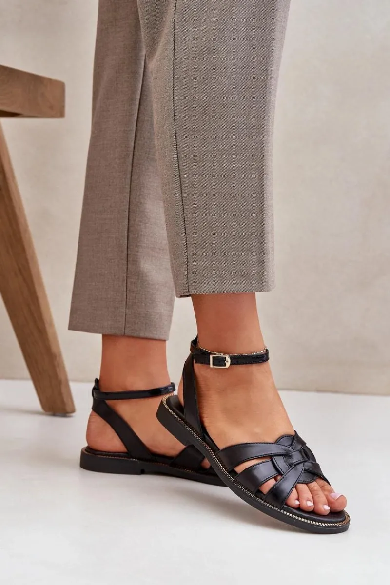 Best Skórzane Sandały Damskie Na Płaskim Obcasie Zazoo 3688 Czarne Damskie Sandały Płaskie