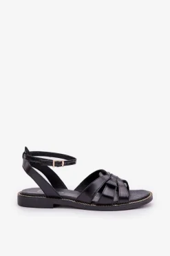 Best Skórzane Sandały Damskie Na Płaskim Obcasie Zazoo 3688 Czarne Damskie Sandały Płaskie