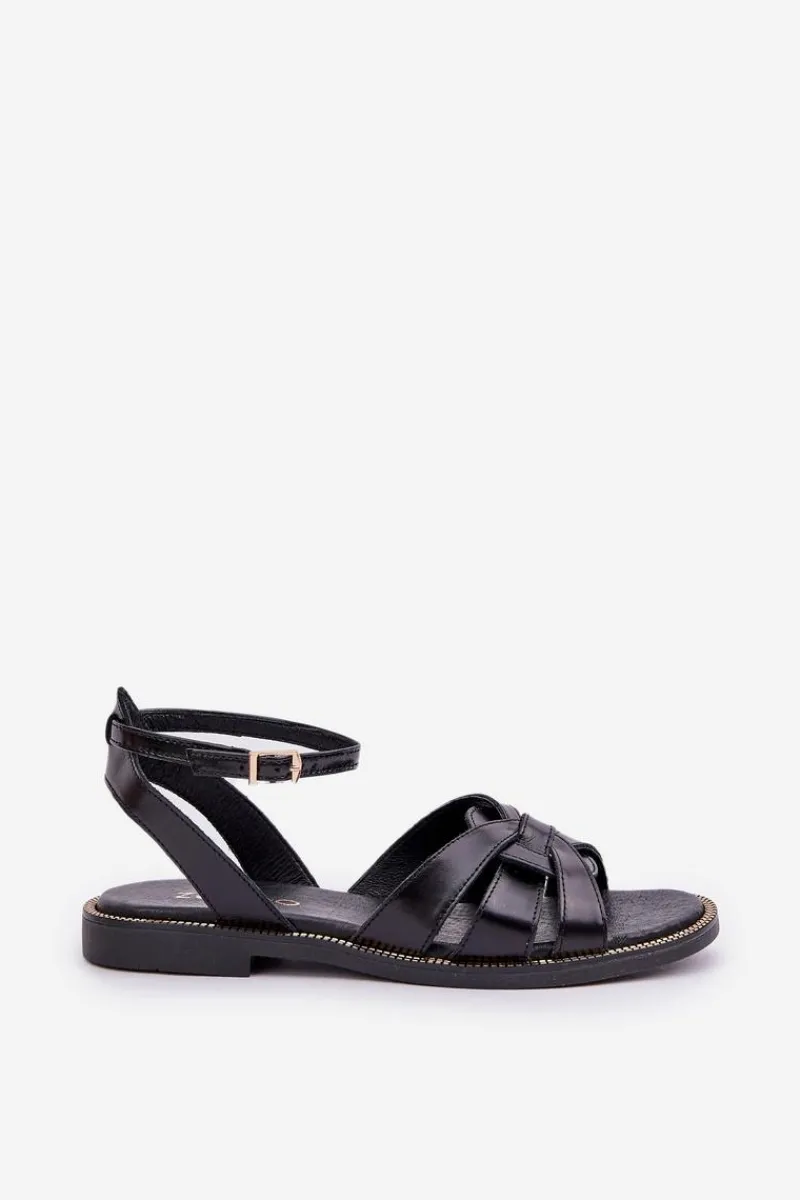 Best Skórzane Sandały Damskie Na Płaskim Obcasie Zazoo 3688 Czarne Damskie Sandały Płaskie