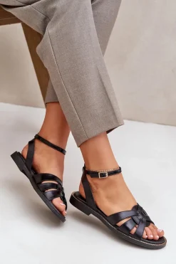Best Skórzane Sandały Damskie Na Płaskim Obcasie Zazoo 3688 Czarne Damskie Sandały Płaskie