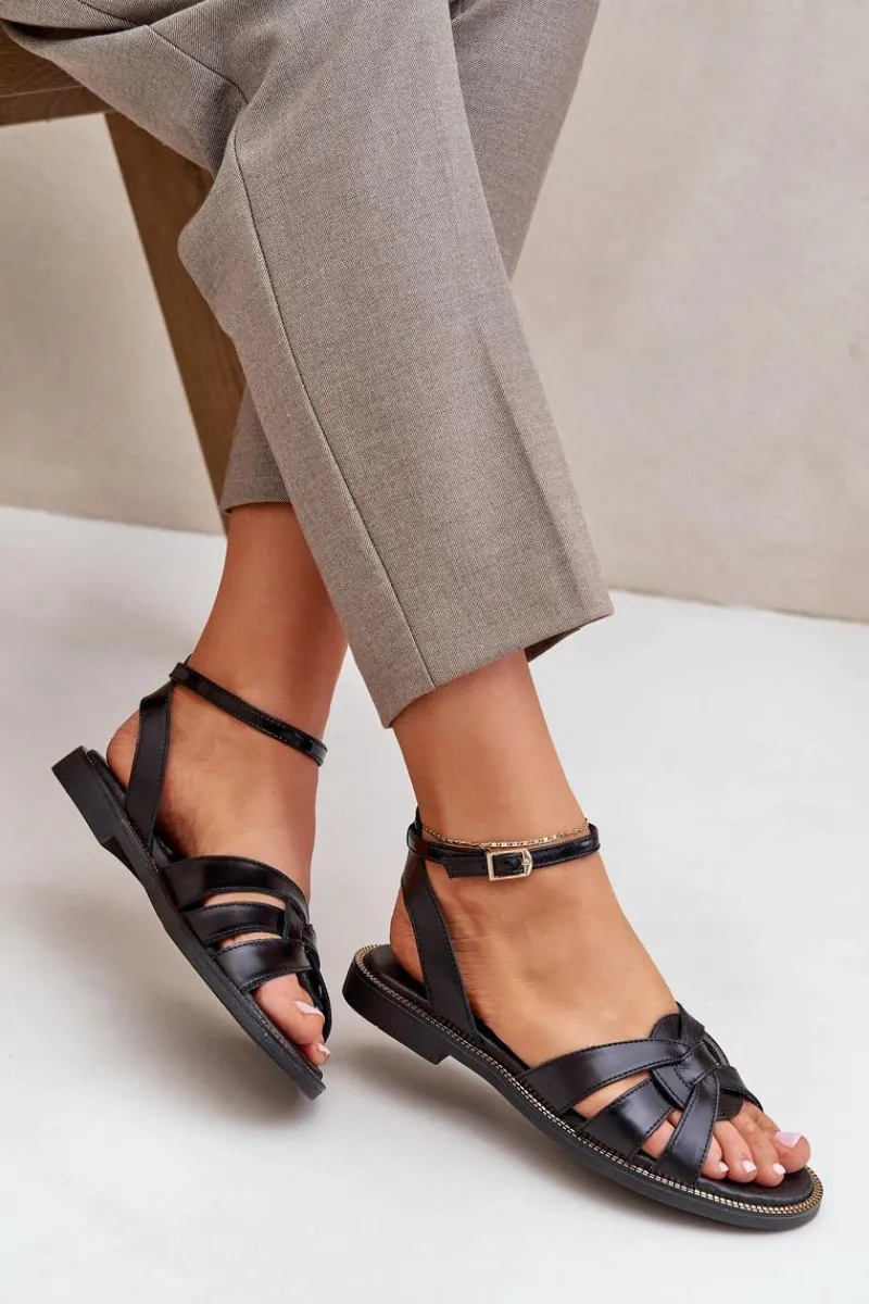 Best Skórzane Sandały Damskie Na Płaskim Obcasie Zazoo 3688 Czarne Damskie Sandały Płaskie