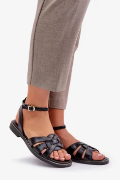 Best Skórzane Sandały Damskie Na Płaskim Obcasie Zazoo 3688 Czarne Damskie Sandały Płaskie