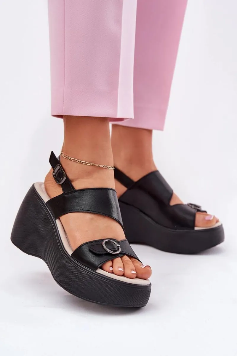 Skórzane Sandały Damskie Na Koturnie I Platformie S.Barski LR51-540 Czarne Damskie Sandały Na Koturnie