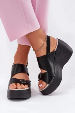 Skórzane Sandały Damskie Na Koturnie I Platformie S.Barski LR51-540 Czarne Damskie Sandały Na Koturnie