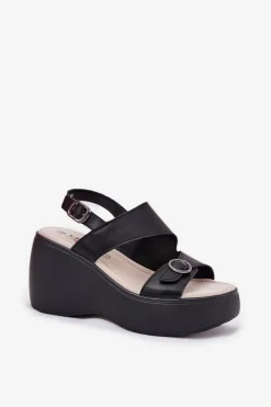 Skórzane Sandały Damskie Na Koturnie I Platformie S.Barski LR51-540 Czarne Damskie Sandały Na Koturnie