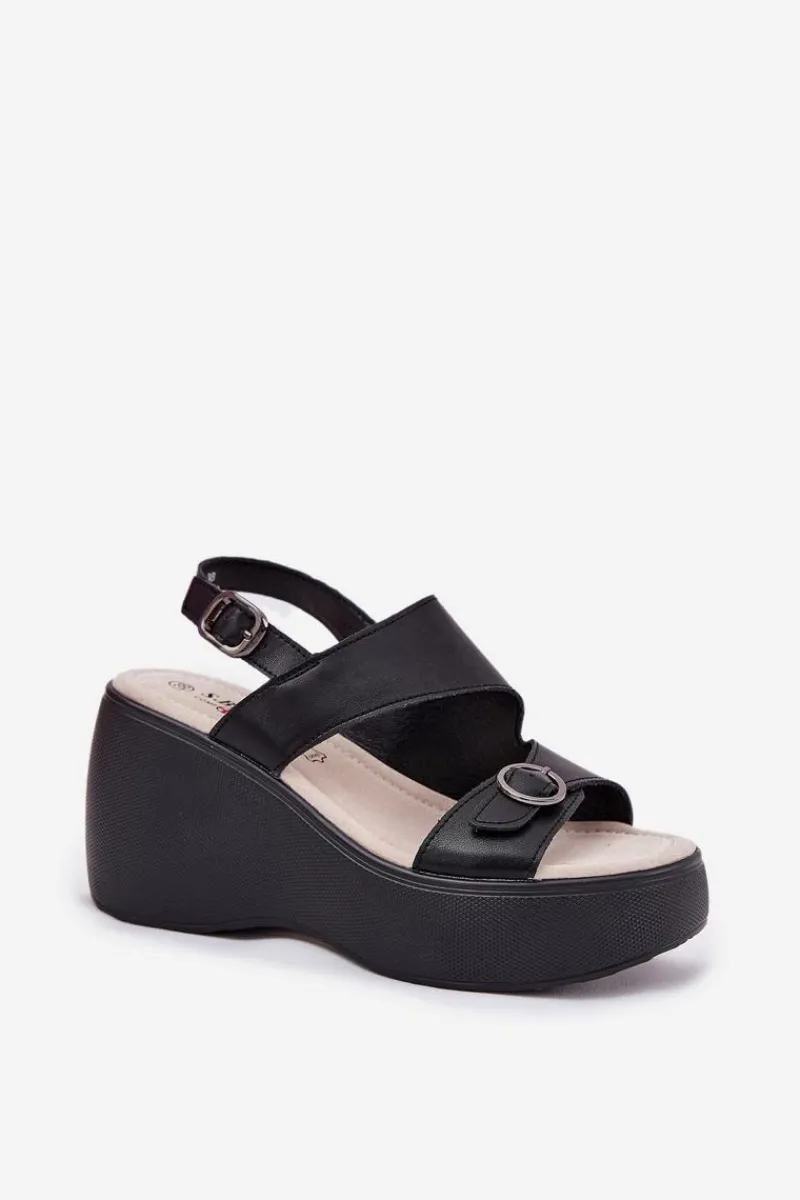 Skórzane Sandały Damskie Na Koturnie I Platformie S.Barski LR51-540 Czarne Damskie Sandały Na Koturnie