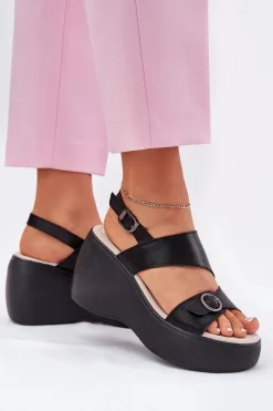 Skórzane Sandały Damskie Na Koturnie I Platformie S.Barski LR51-540 Czarne Damskie Sandały Na Koturnie