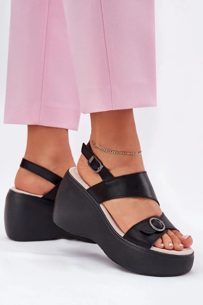 Skórzane Sandały Damskie Na Koturnie I Platformie S.Barski LR51-540 Czarne Damskie Sandały Na Koturnie