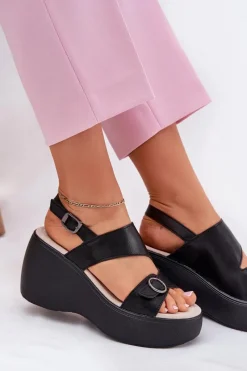 Skórzane Sandały Damskie Na Koturnie I Platformie S.Barski LR51-540 Czarne Damskie Sandały Na Koturnie